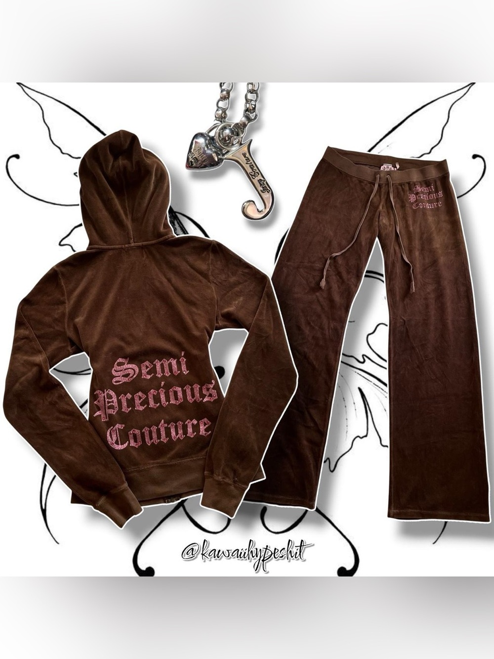 VTG Y2K Juicy Couture Brown Velour Hoodie & Pants Tracksuit Set with Pink Logo